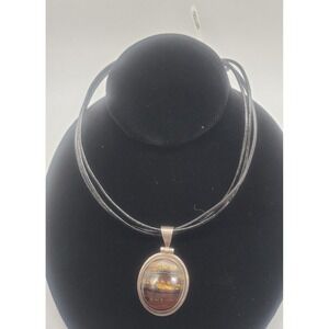 New oval Tigers Eye Jasper stone 925 sterling silver pendant on leather necklace
